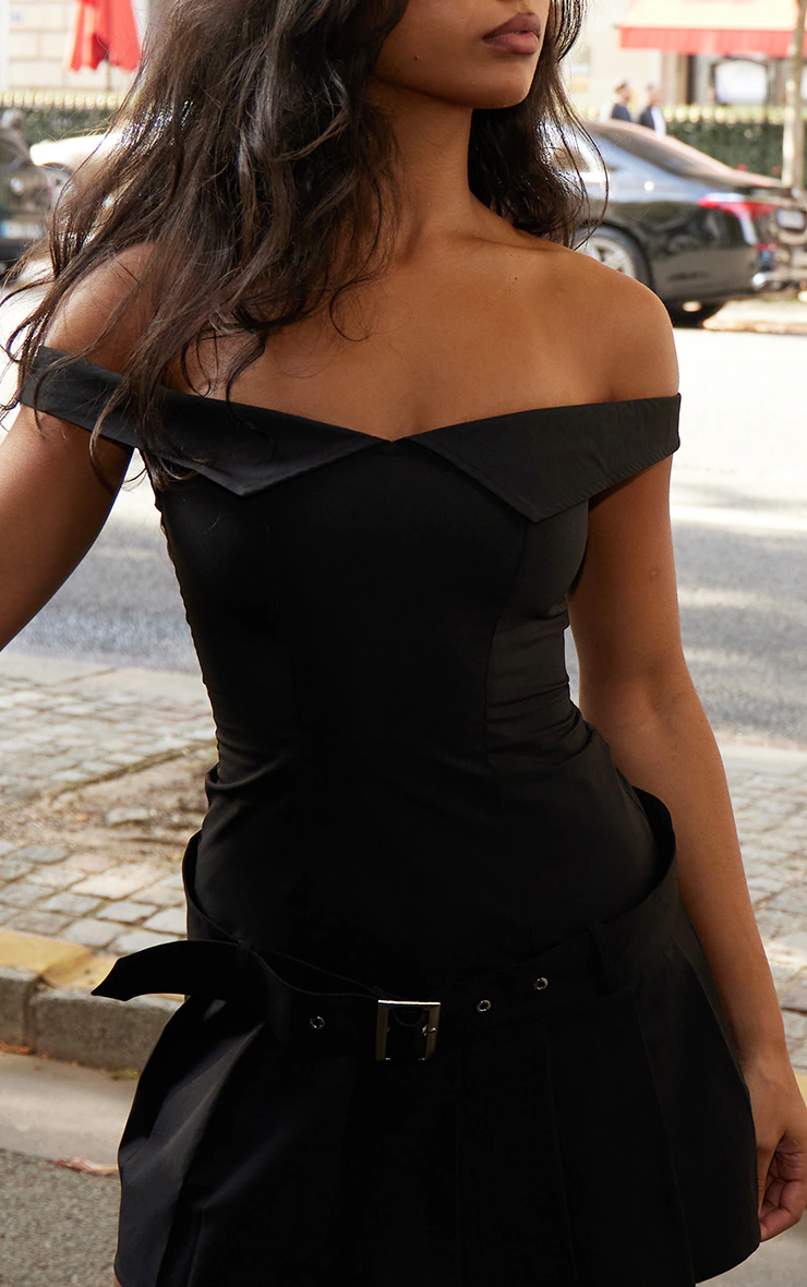 Black Bardot Belted Pleated Shift Dress