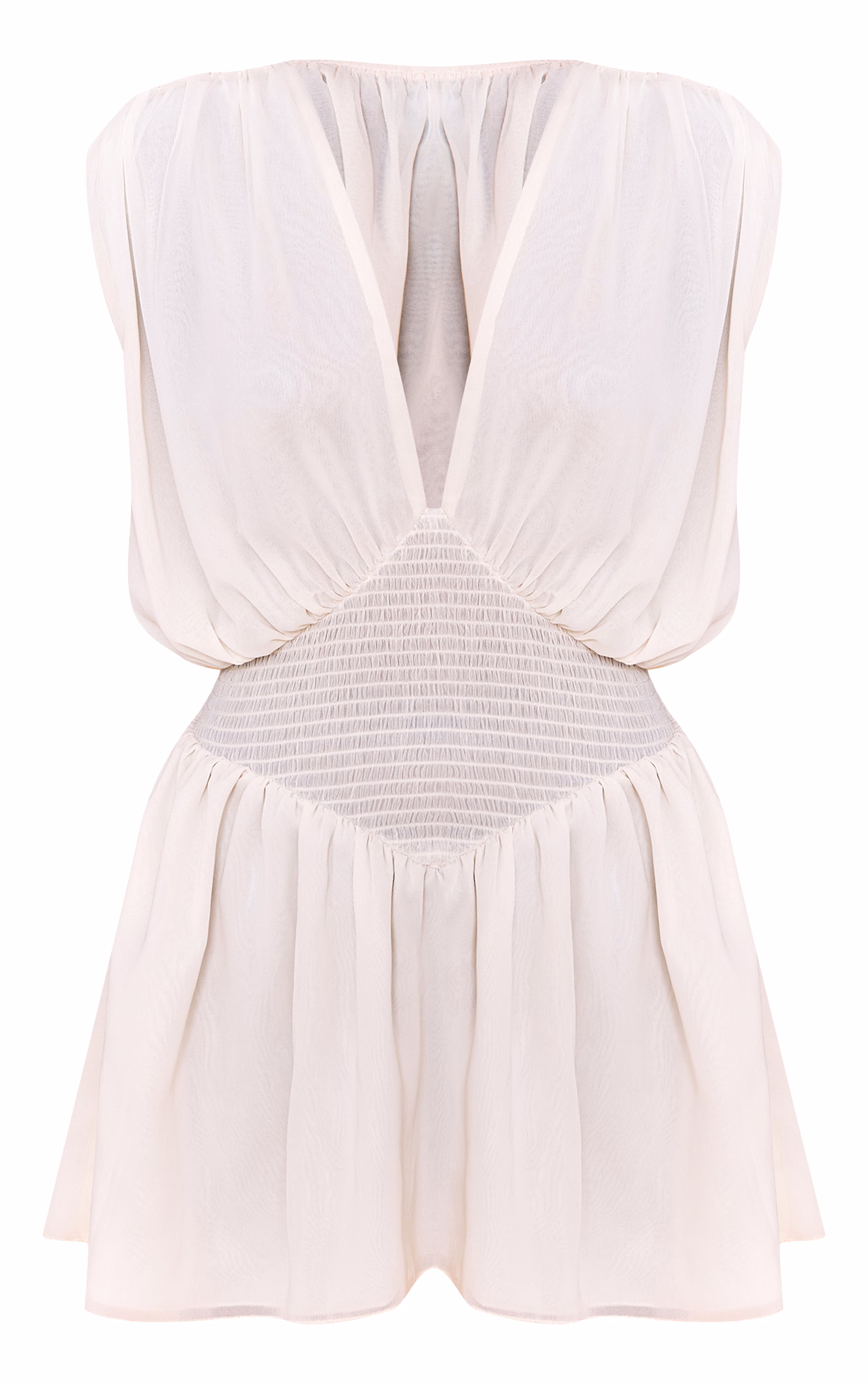 Almond Chiffon Shirred Mini Dress