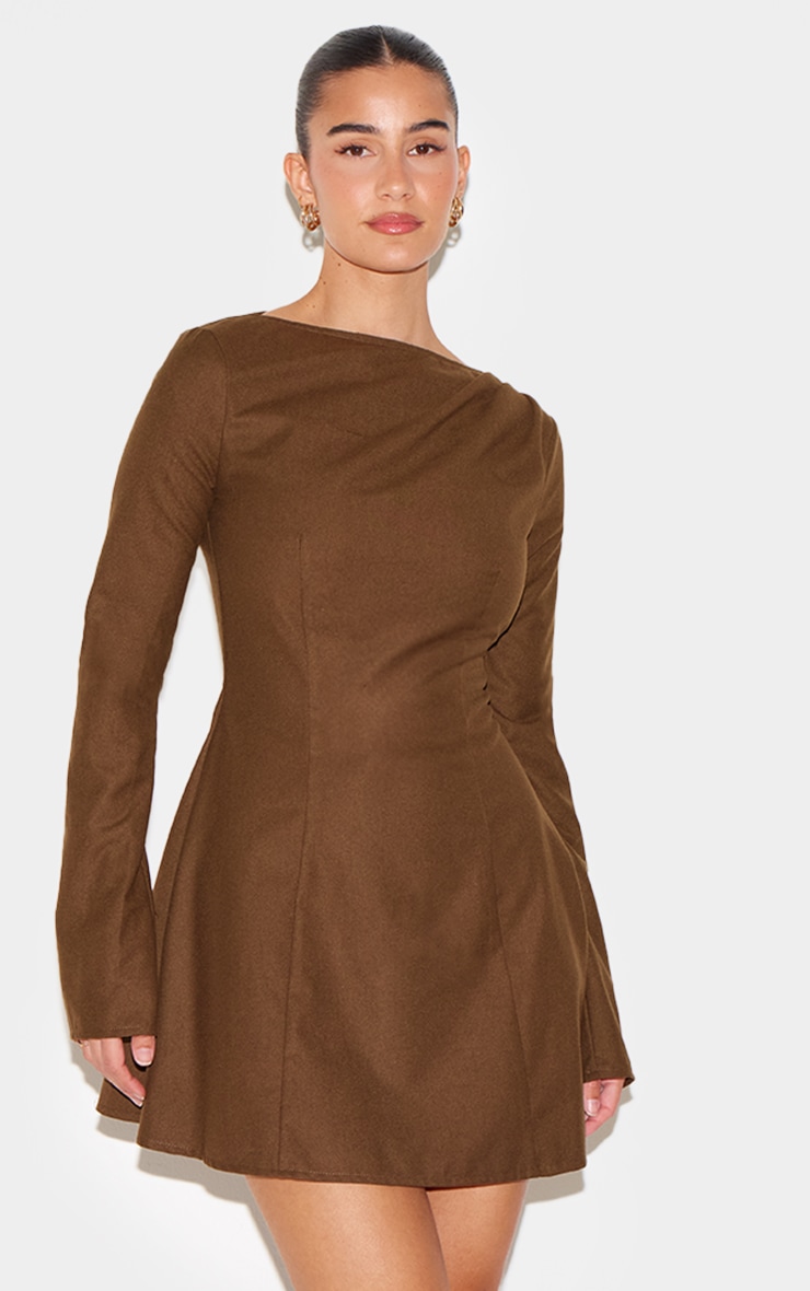 Chocolate Structured Woven Boat Neck Shift Dress