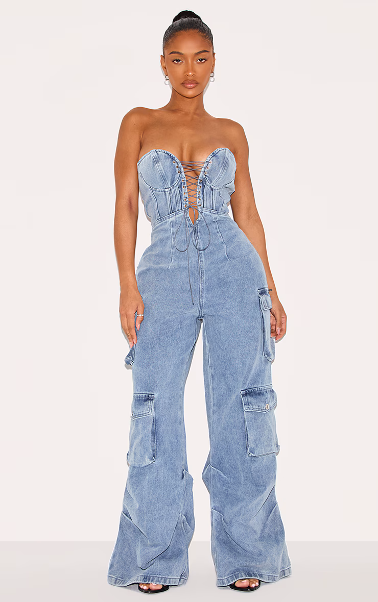 Shape Vintage Mid Wash Denim Bandeau Lace Up Front Wide Leg Jumpsuit