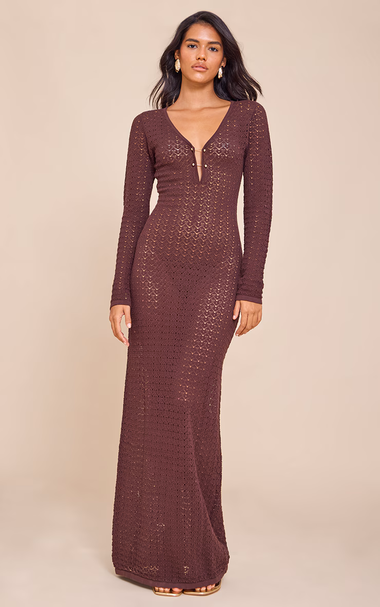 Chocolate Maxi Crochet Trim Long Sleeve Dress