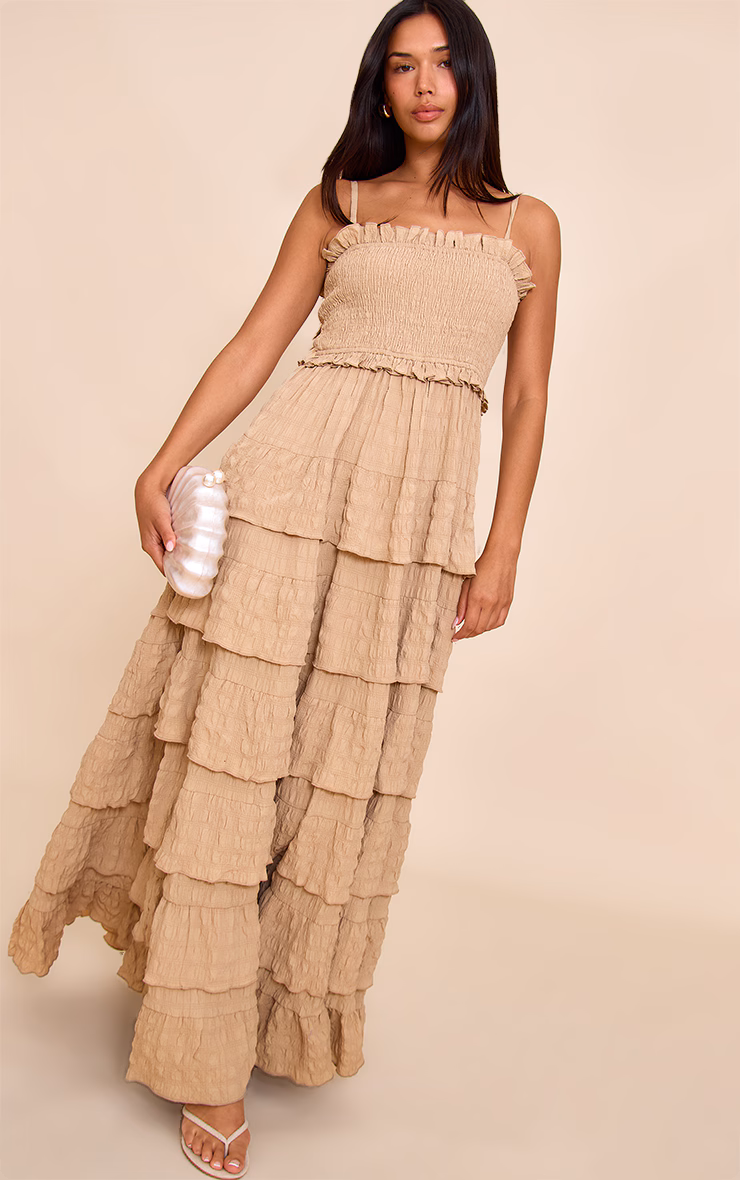 Stone Textured Shirred Tiered Maxi Dress