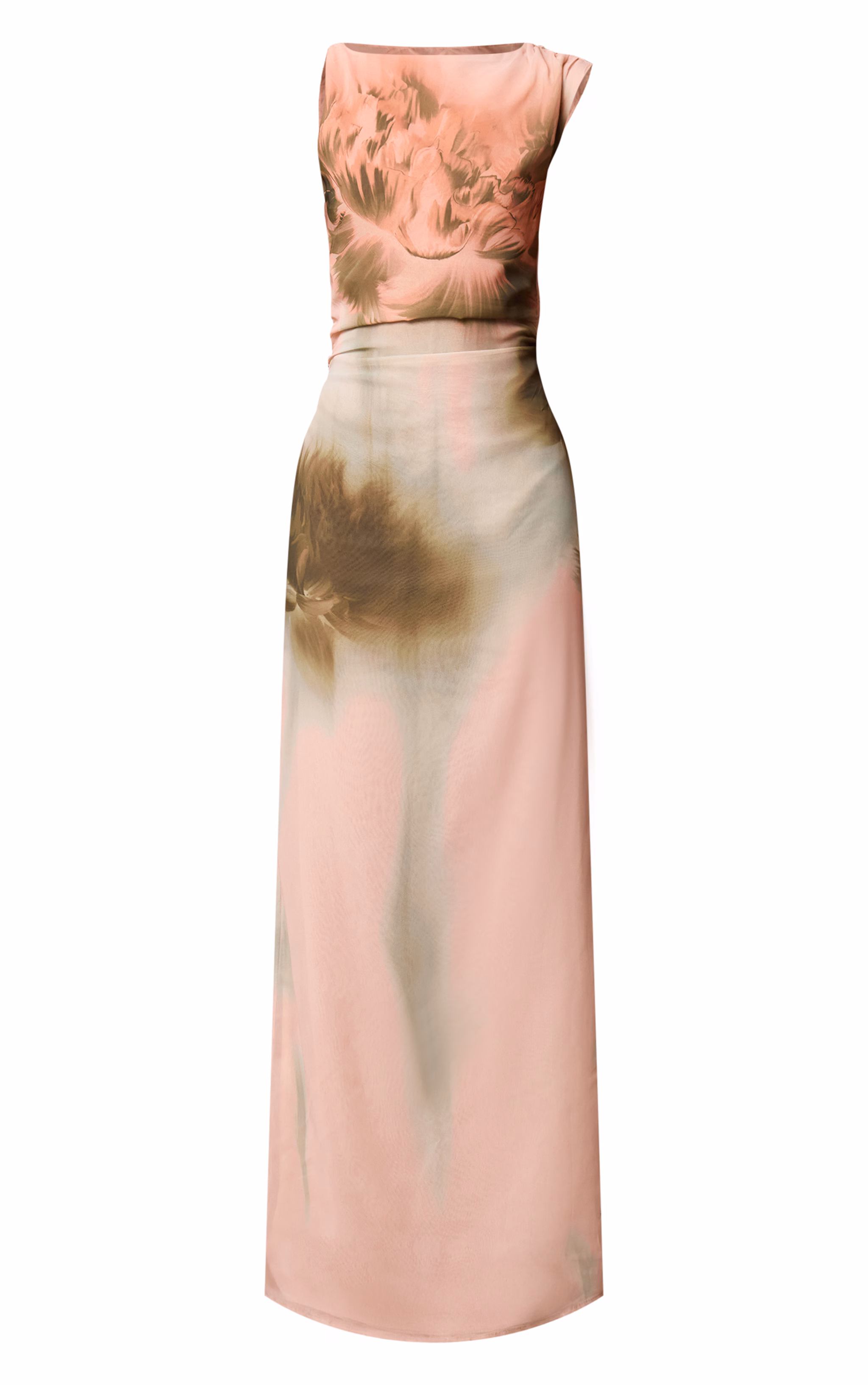 Dusty Pink Printed Floral Chiffon Ruched Maxi Dress