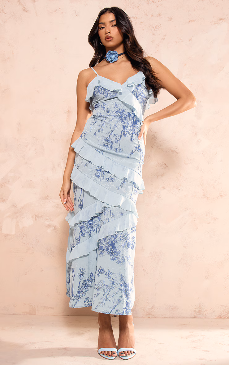 Light Blue Chiffon Floral Frill Maxi Dress