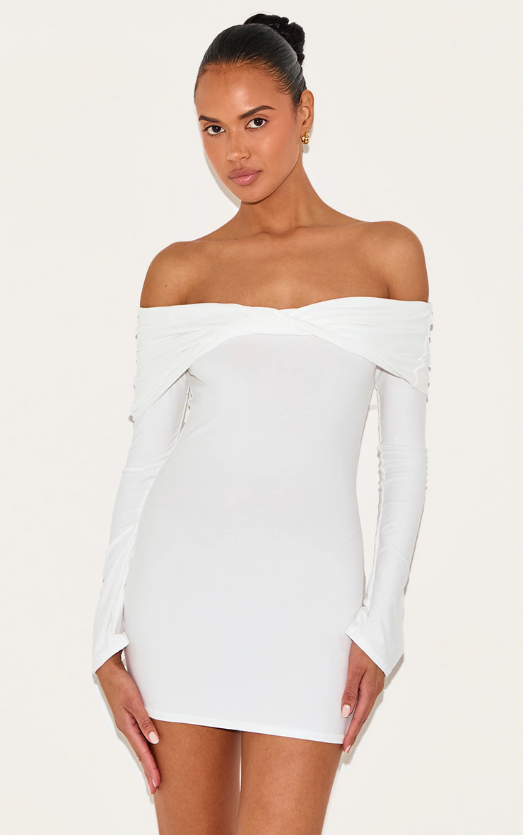 Cream Soft Touch Twist Detail Bardot Bodycon Dress