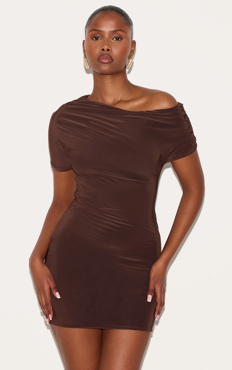 Chocolate Slinky Off The Shoulder Ruched Mini Dress