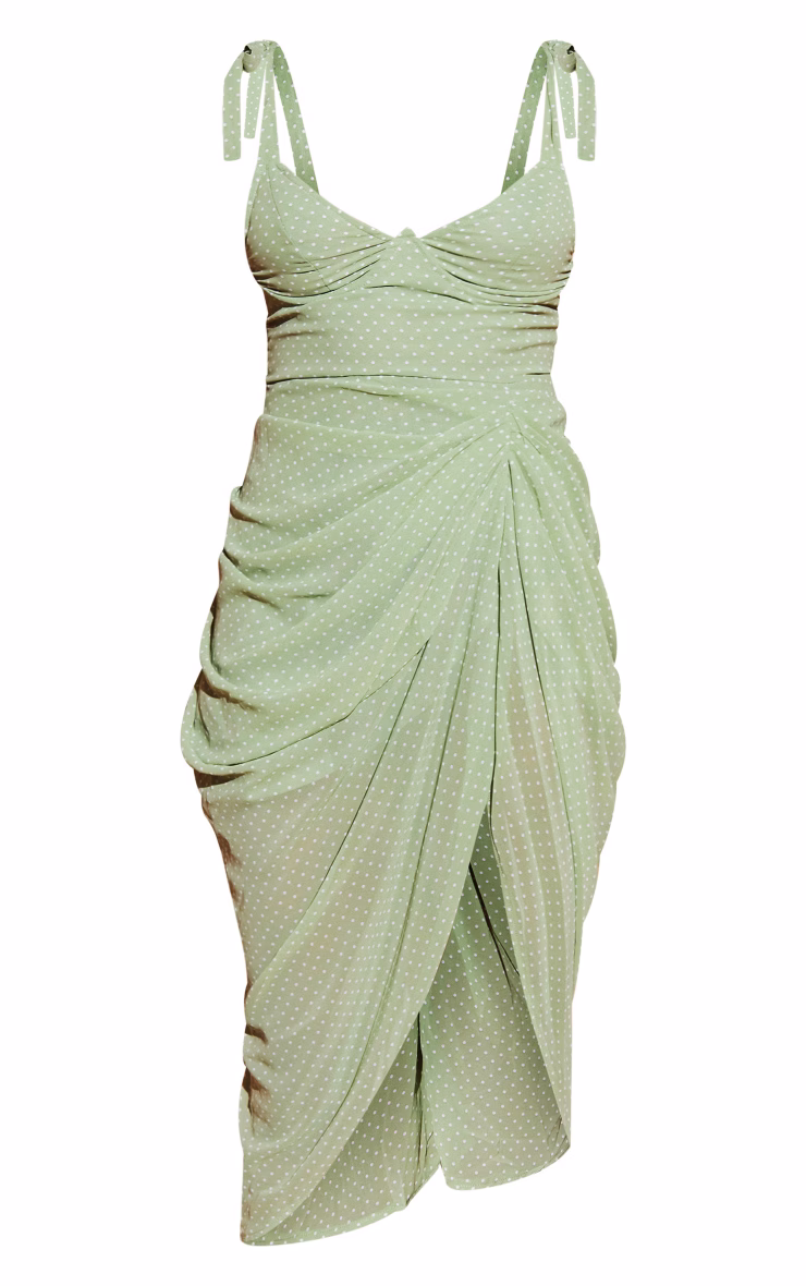 Sage Green Polka Dot Draped Underwire Detail Midi Dress
