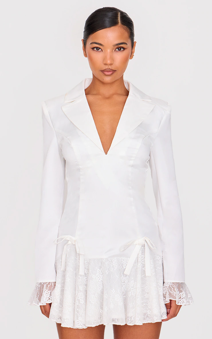 White Satin Lace Trim Bow Blazer Dress
