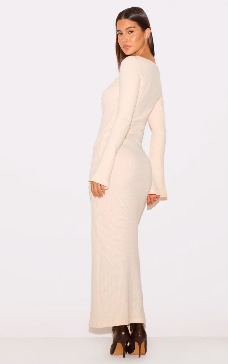 Cream Heavy Brushed Rib Flared Sleeve Maxi Dress