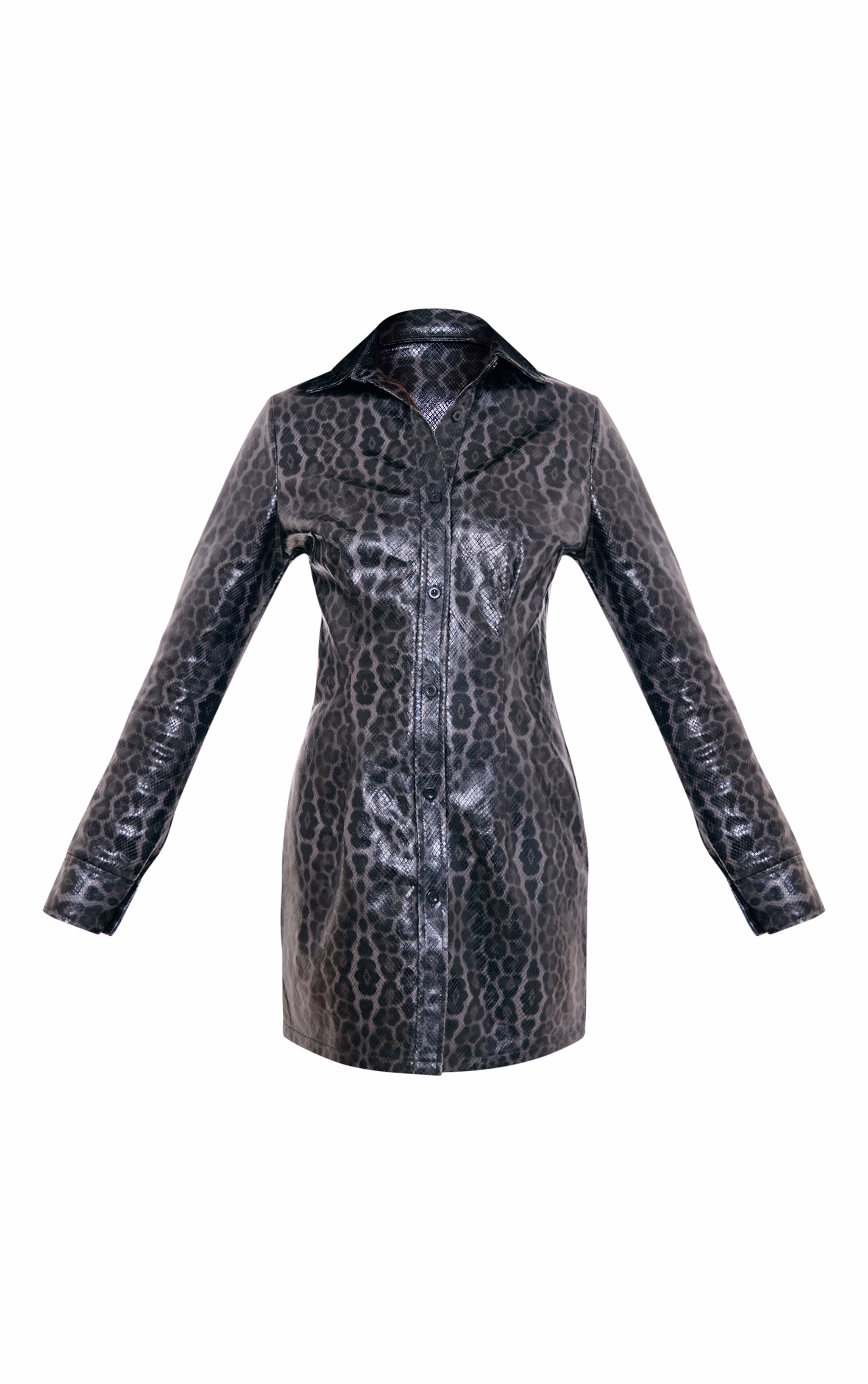 Black Faux Leather Snake Print Button Up Mini Dress