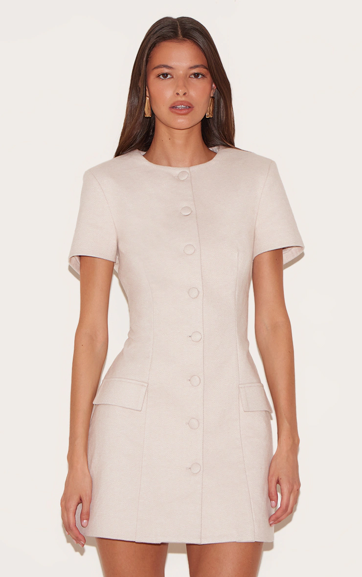 Almond Herringbone Tailored Short Sleeve Mini Dress