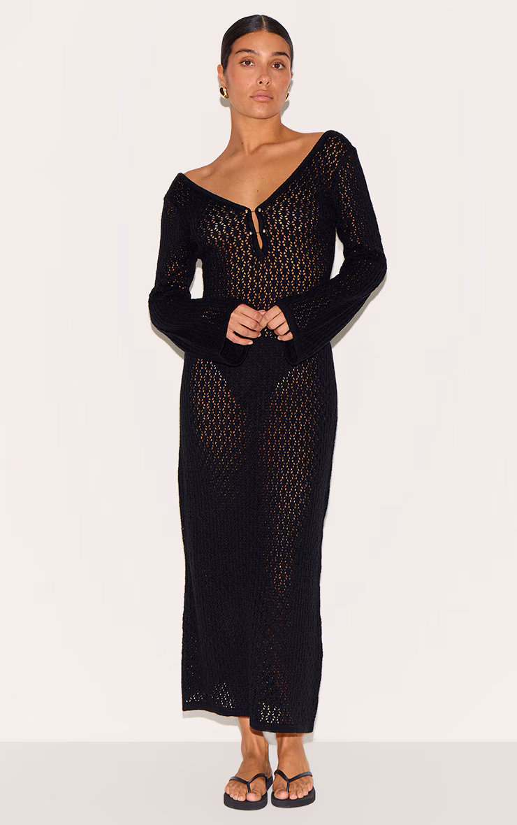 Petite Black Knit V Neck Maxi Dress