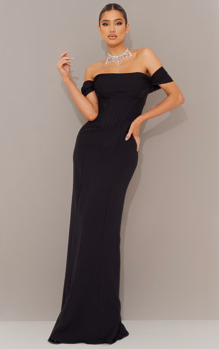 Black Corset Detail Bardot Bridesmaid Dress