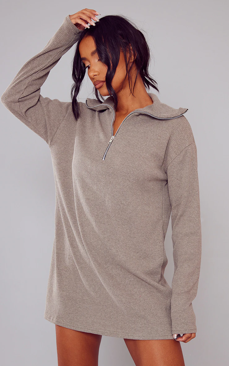 Sage Khaki Rib High Neck Half Zip Oversized Sweater Dress