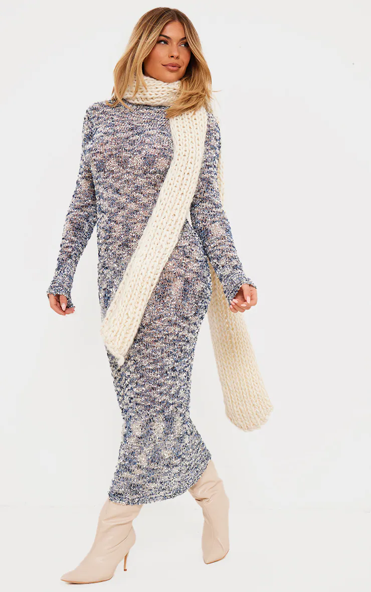 Blue Confetti Knit Long Sleeve Maxi Dress