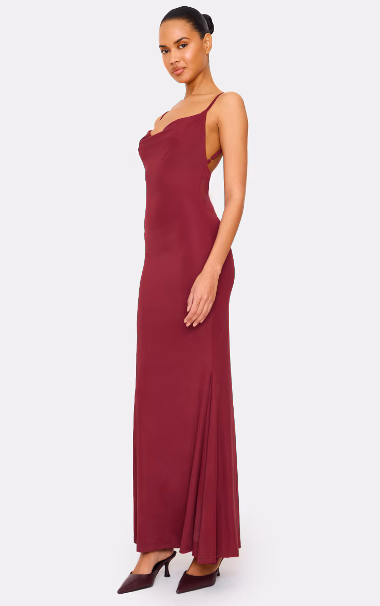 Burgundy Slinky Cowl Neck Lace Insert Detail Maxi Dress