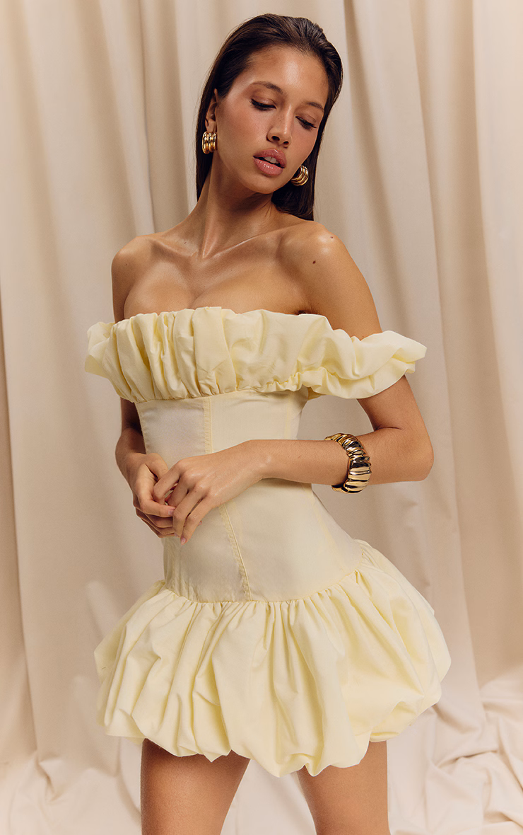 Lemon Ruched Bardot Puff Hem Bodycon Dress