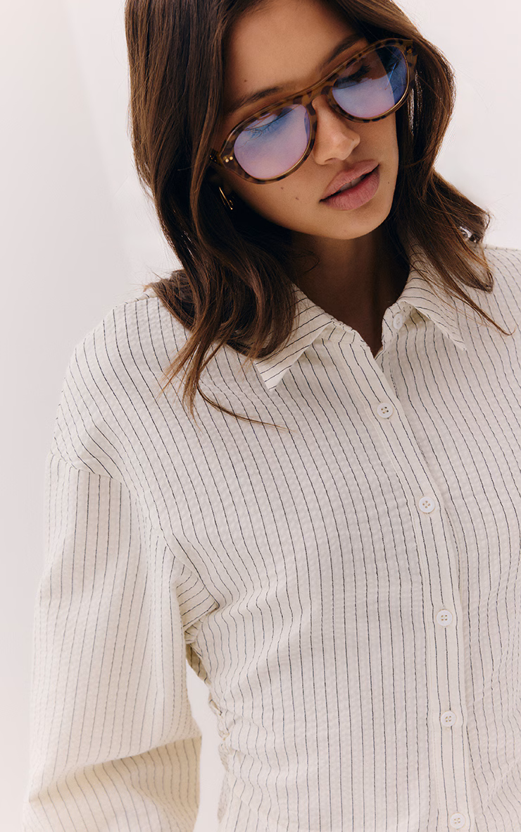 Cream Pinstripe Seersucker Cinched Waist Shirt Dress