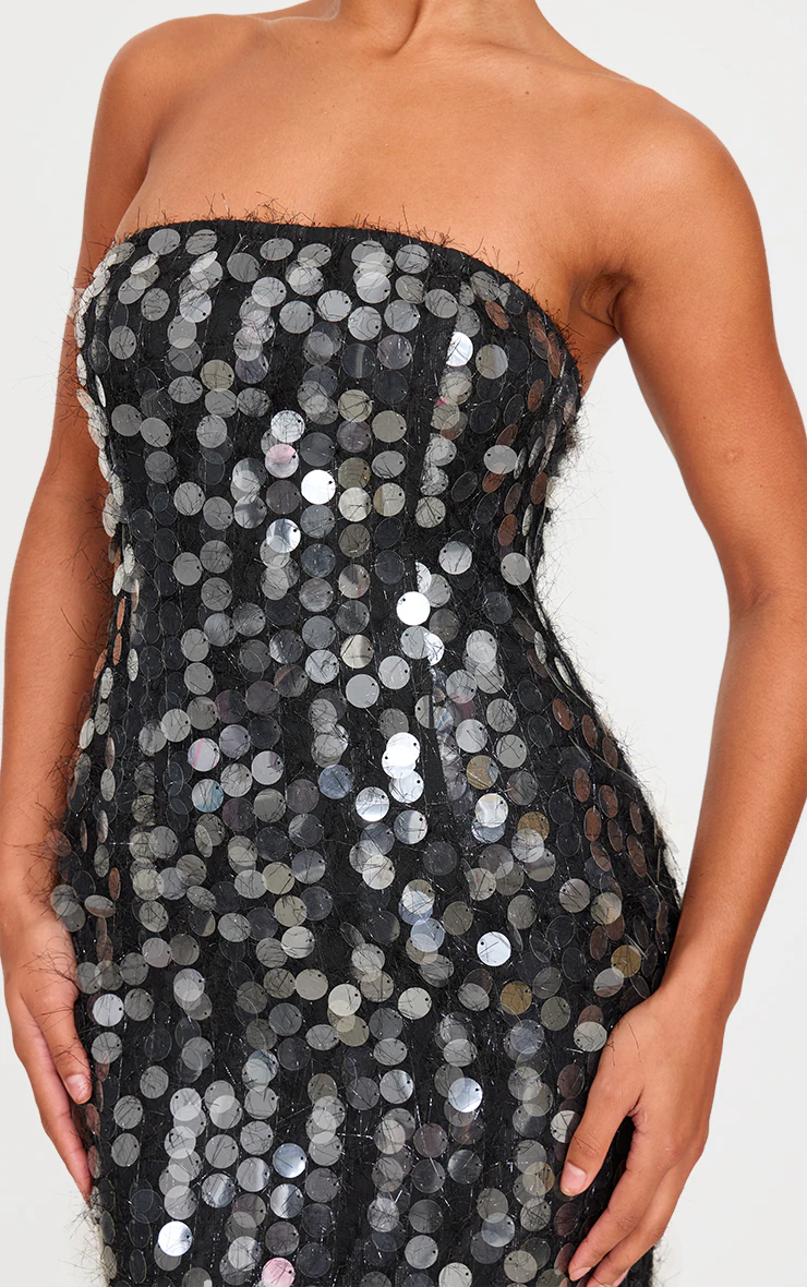 Black Textured Disk Sequin Maxi Dress