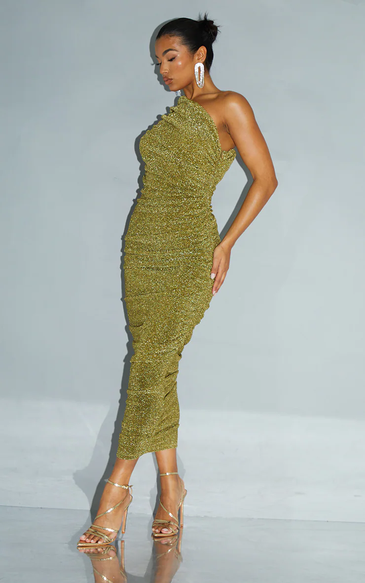 Gold Glitter Plisse Ruched One Shoulder Midi Dress