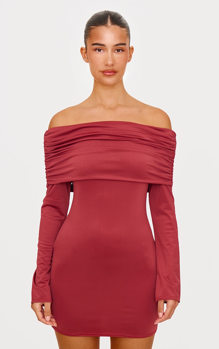 Burgundy Matte Sculpt Double Layer Foldover Bardot Long Sleeve Mini Dress