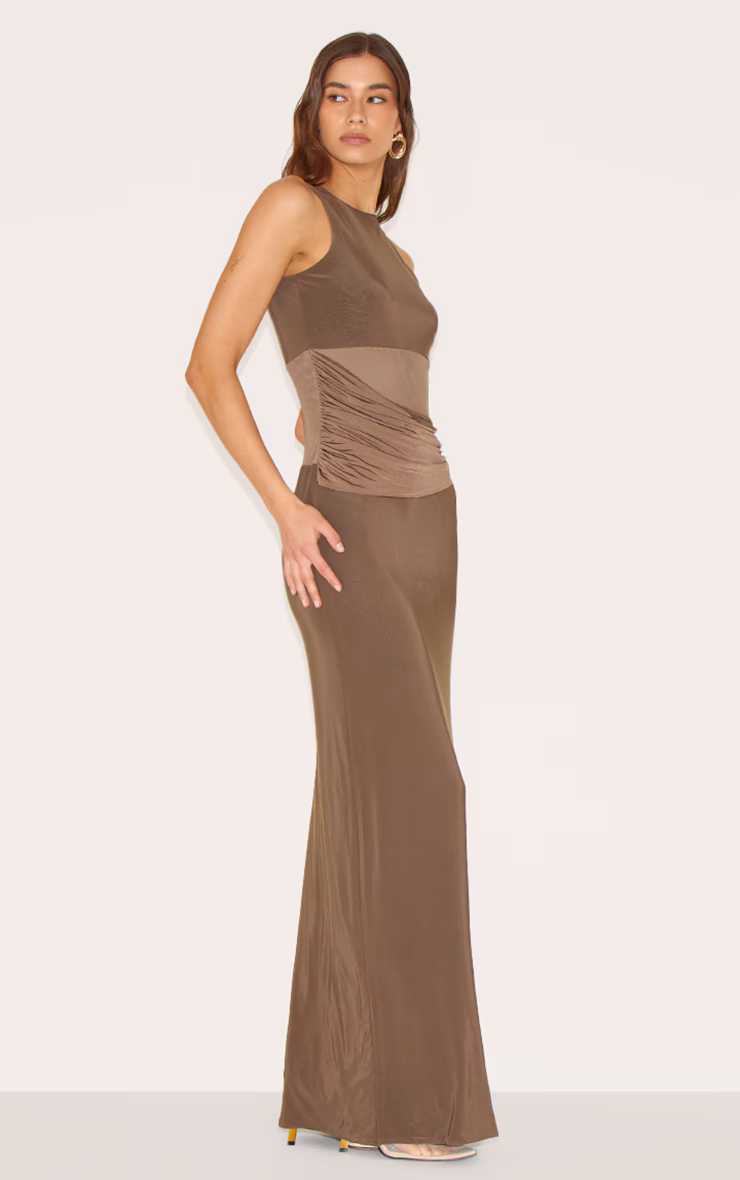 Mushroom Slinky Mesh Cut Out Maxi Dress