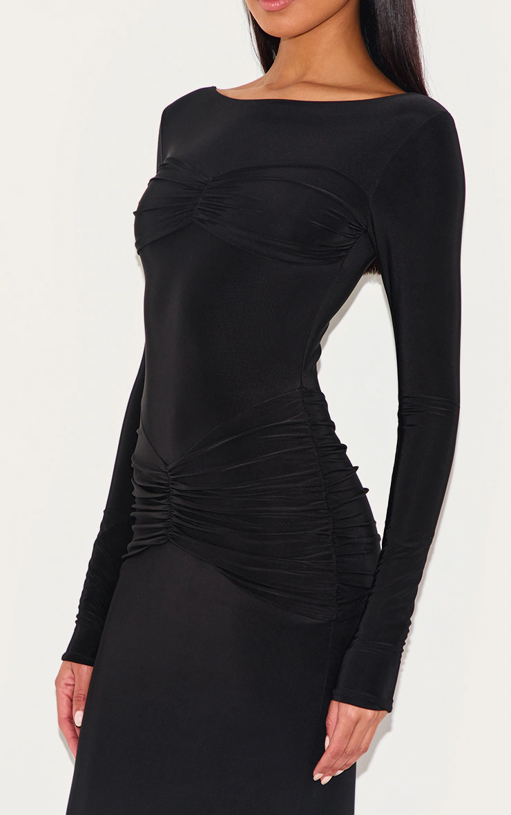 Black Sinky Ruched Panel Detail Maxi Dress