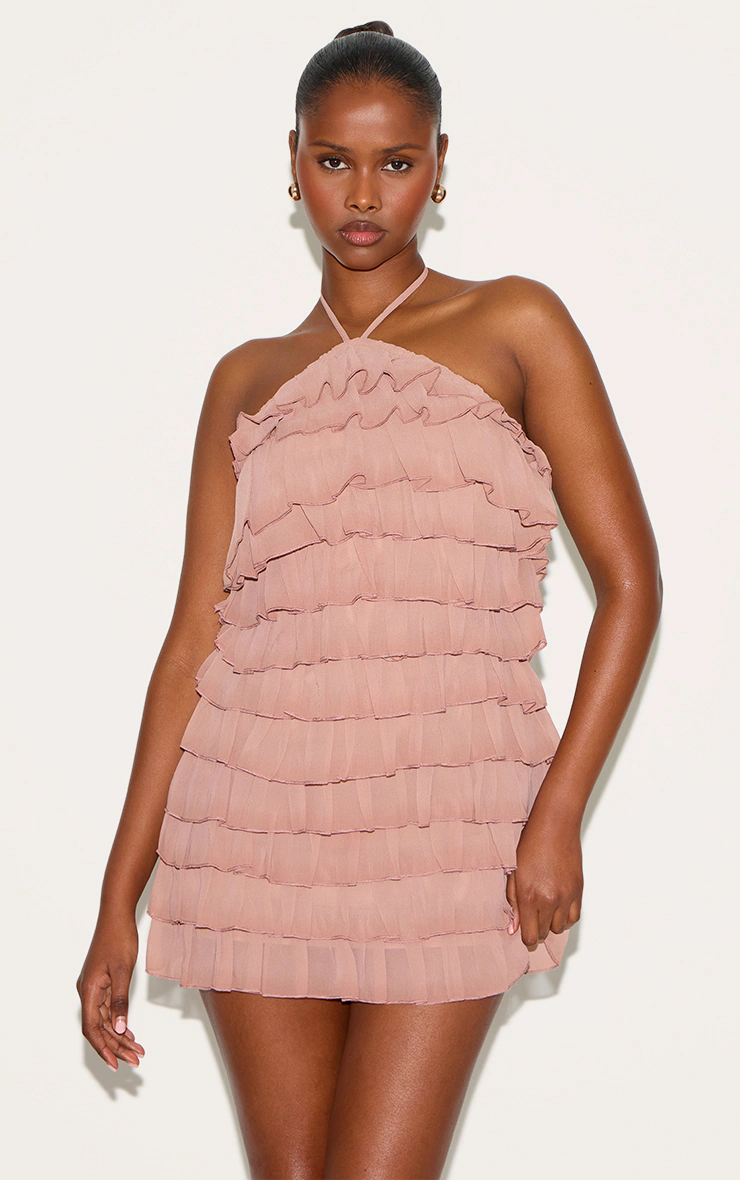 Dusty Peach Extreme Ruffle Halterneck Shift Dress