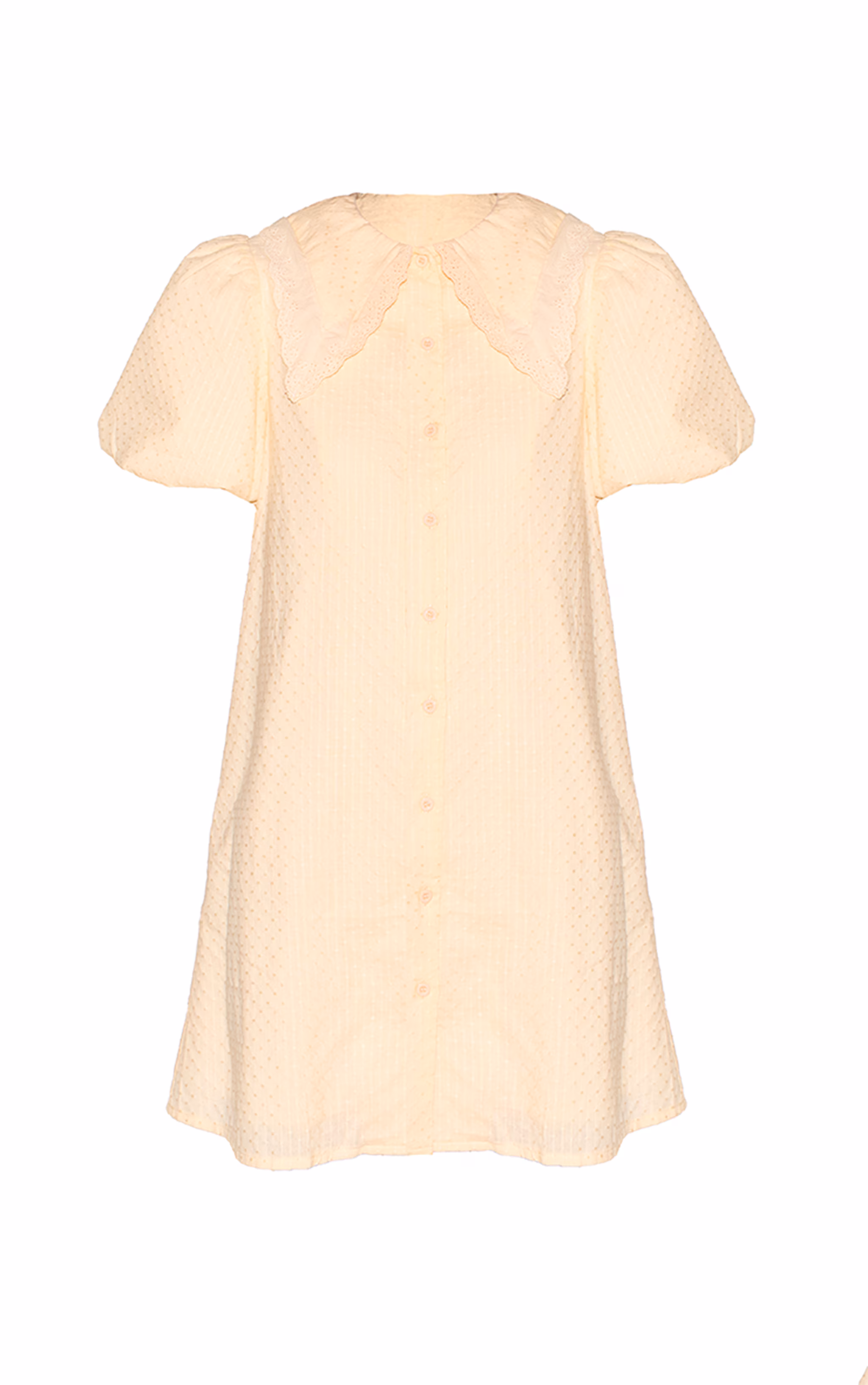 Almond Embroidered Cotton Lace Trim Puff Sleeve Shirt Dress