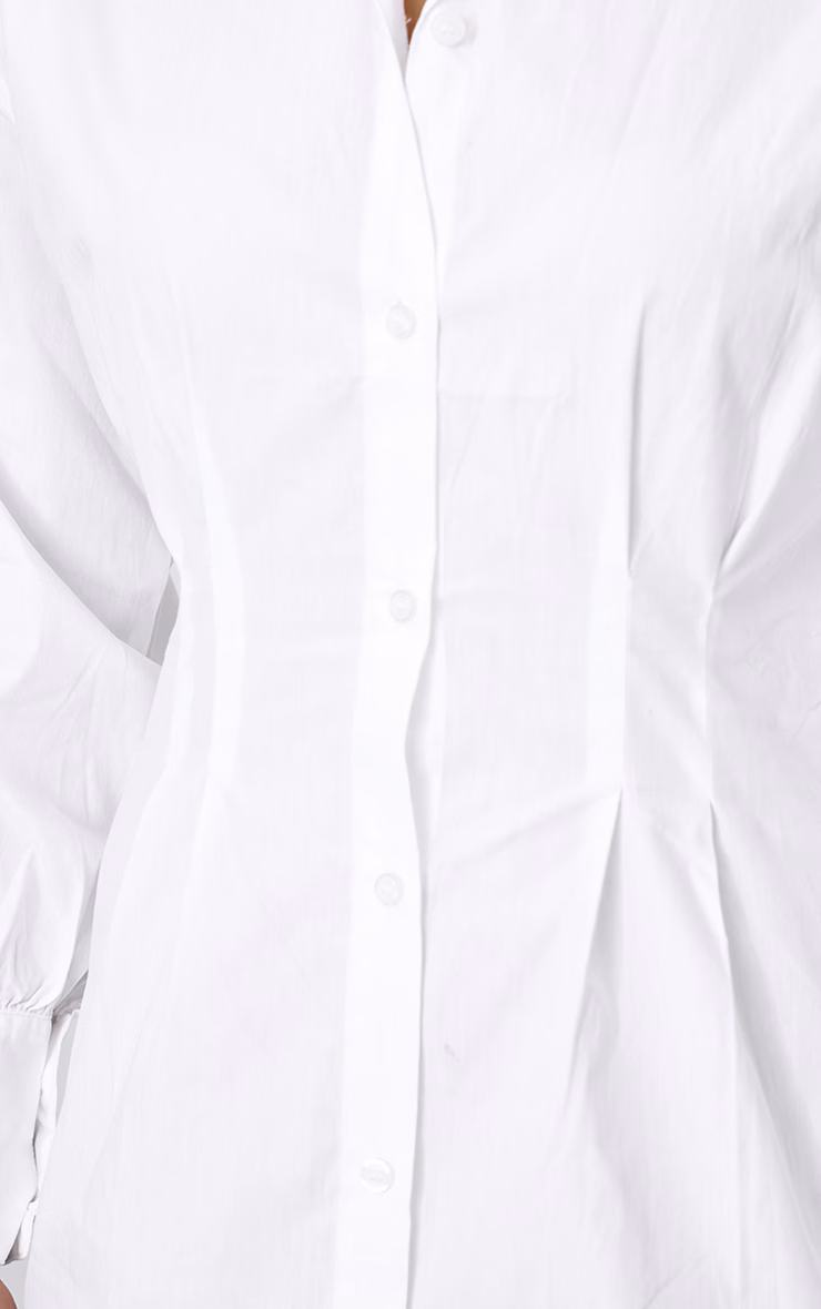 White Fitted Waist Long Sleeve Button Shirt Dress
