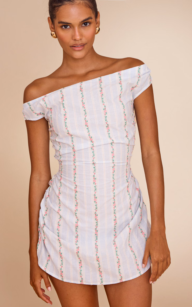 Pastel Blue Stripe Ditsy Print Bardot A-Line Dress