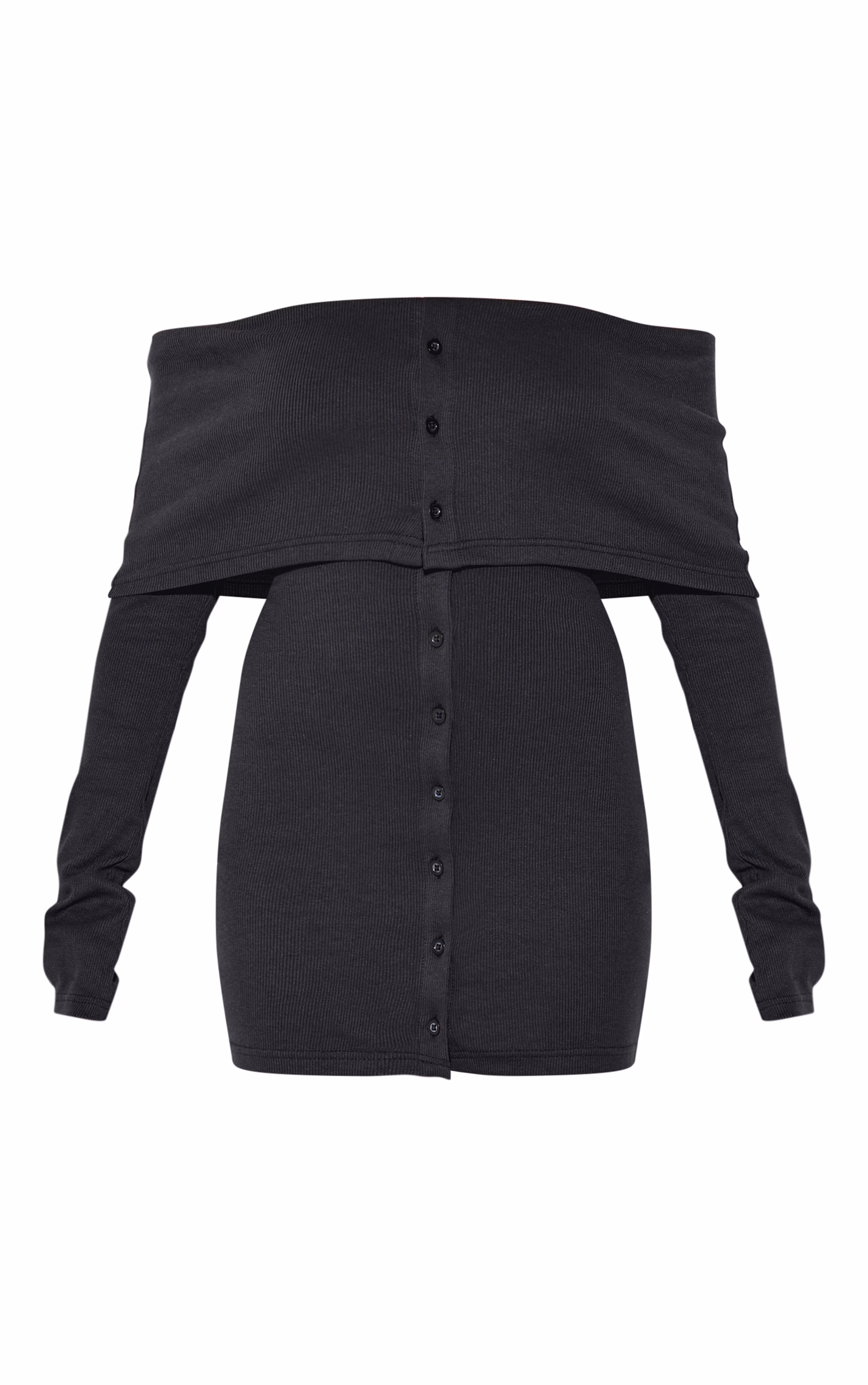 Black Rib Fold Over Bardot Button Mini Dress