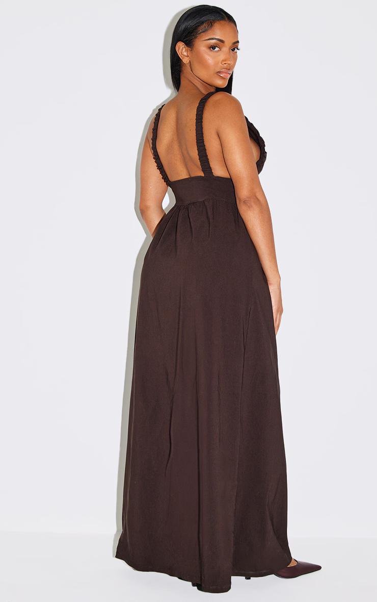 Shape Chocolate Stretch Woven Ruched Plunge Front Maxi Dress