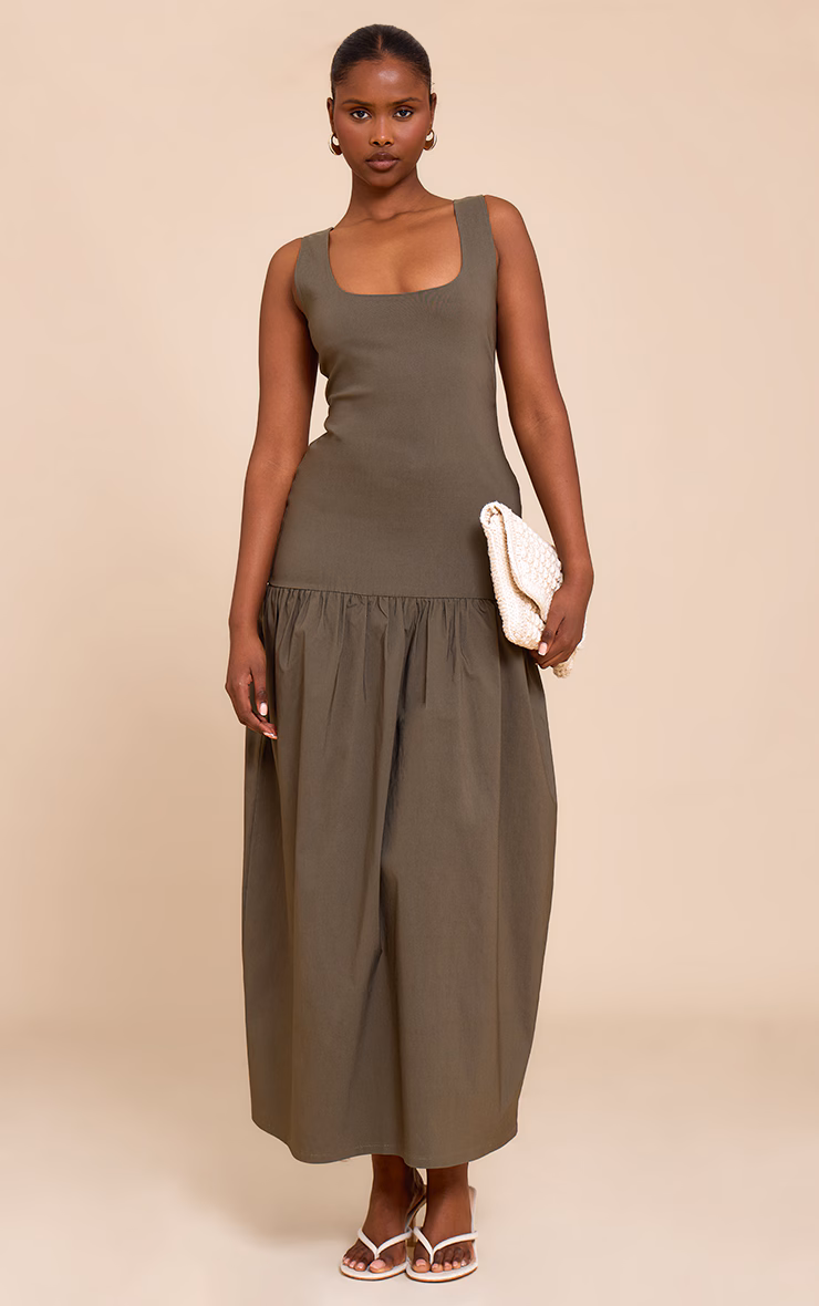 Khaki Stretch Woven Drop Waist Maxi Dress