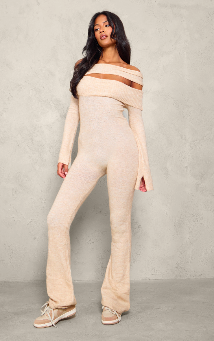 Tall Oatmeal Soft Knit Bardot Foldover Asymmetric Neck Jumpsuit