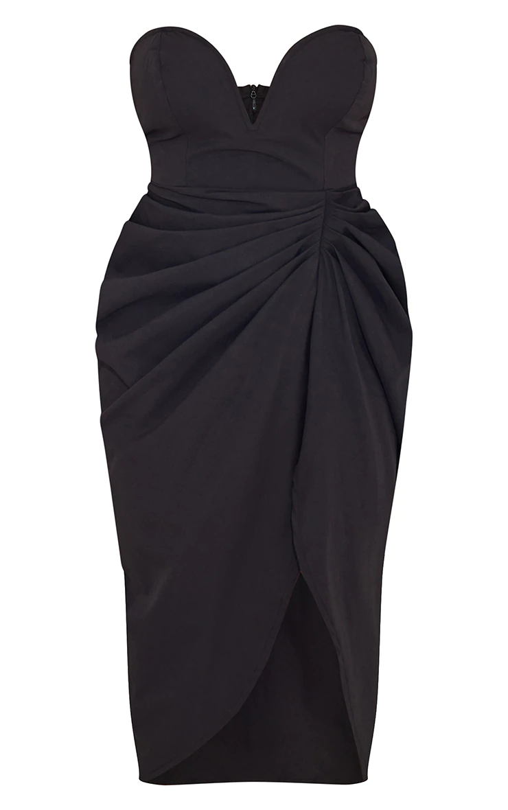 Black Woven Bandeau V Bar Gathered Hip Midi Dress