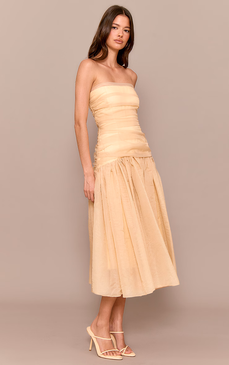 Yellow Organza Ruched Bodice Midi Dress