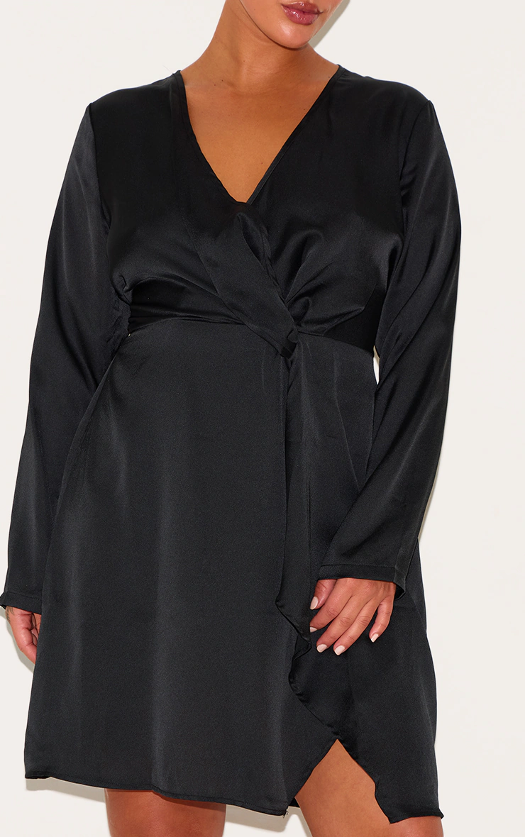 Plus Black Satin Long Sleeve Wrap Dress