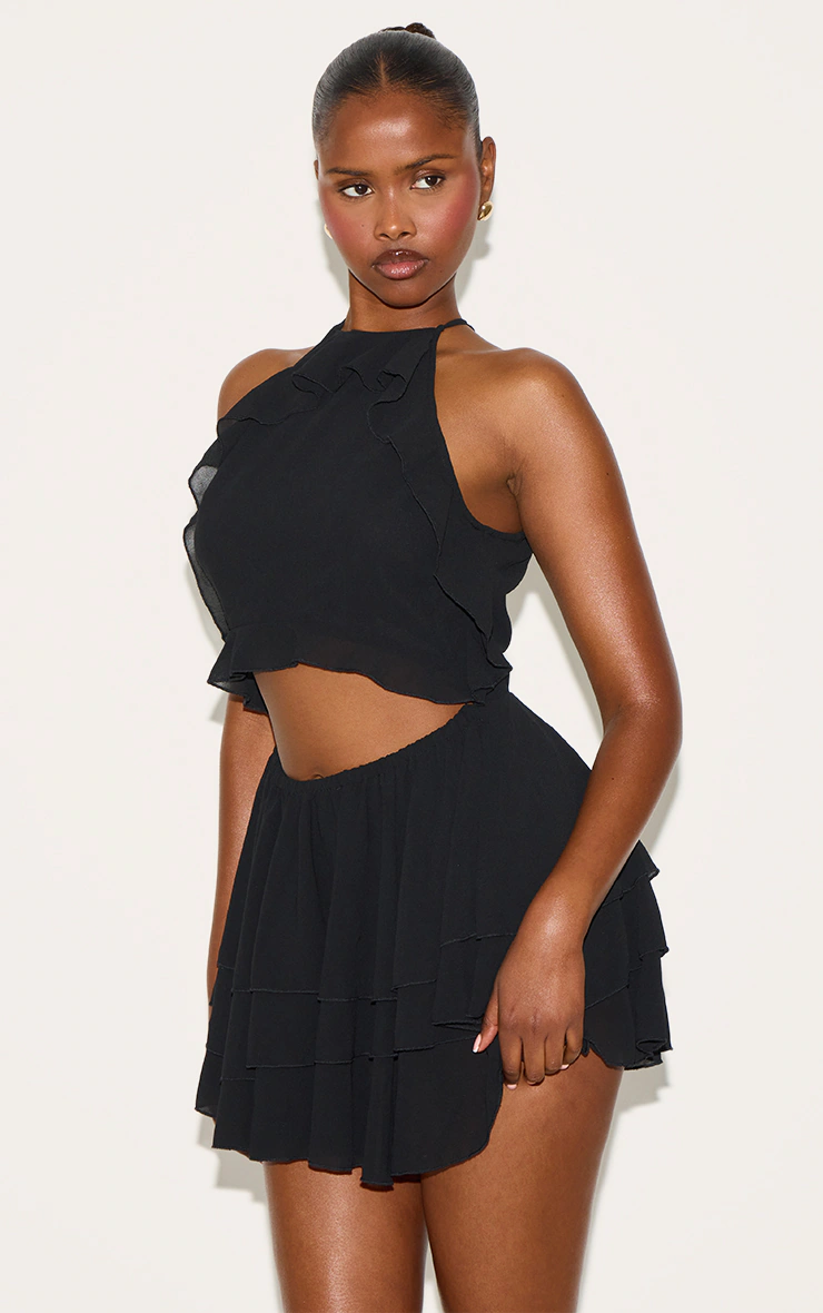 Black Halterneck Frill Cut Out Shift Dress