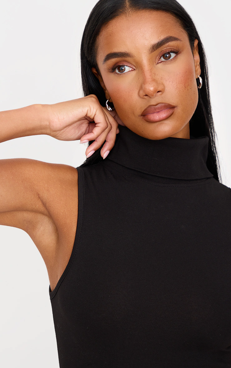 Black Cotton High Roll Neck Mini Dress