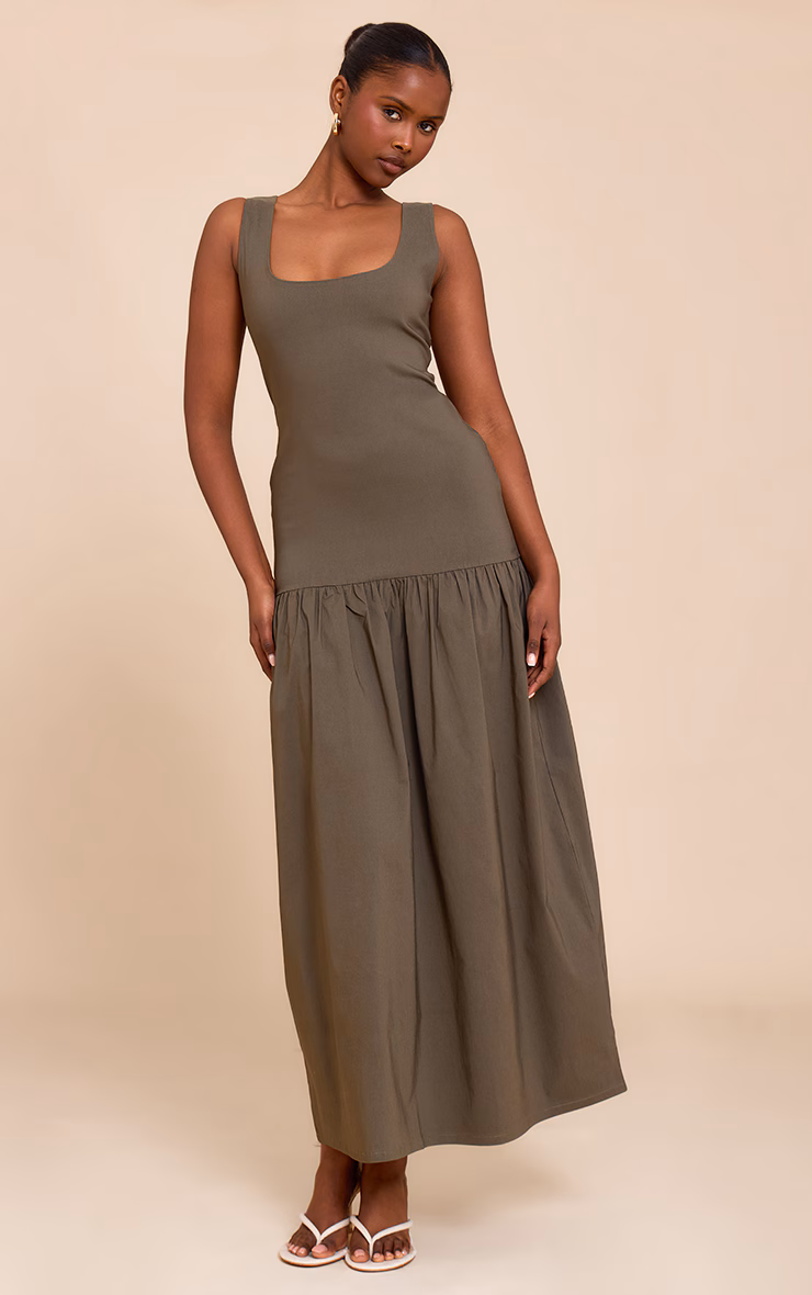 Khaki Stretch Woven Drop Waist Maxi Dress