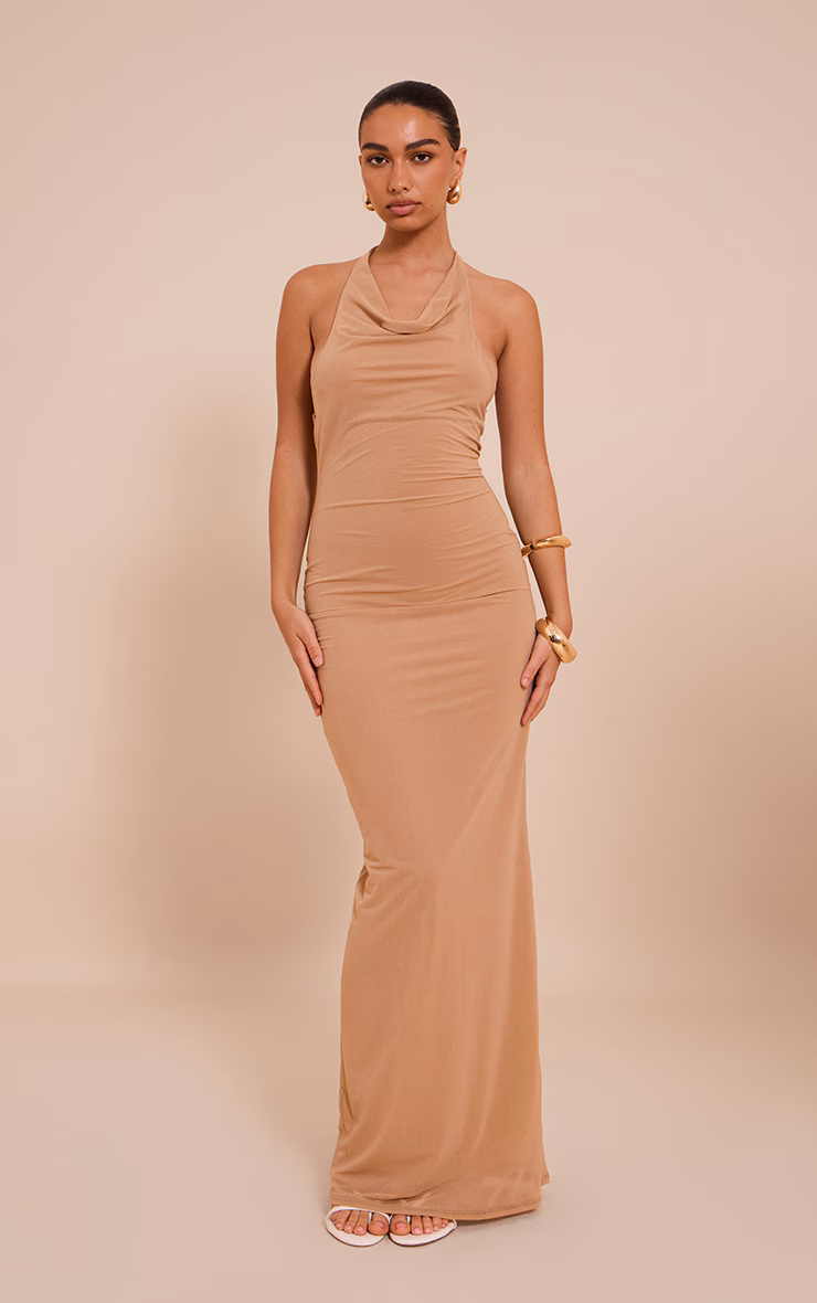 Camel Chiffon Halterneck Low Back Maxi Dress