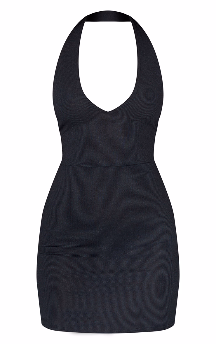 Black Ribbed Halterneck Tie Back Bodycon Dress