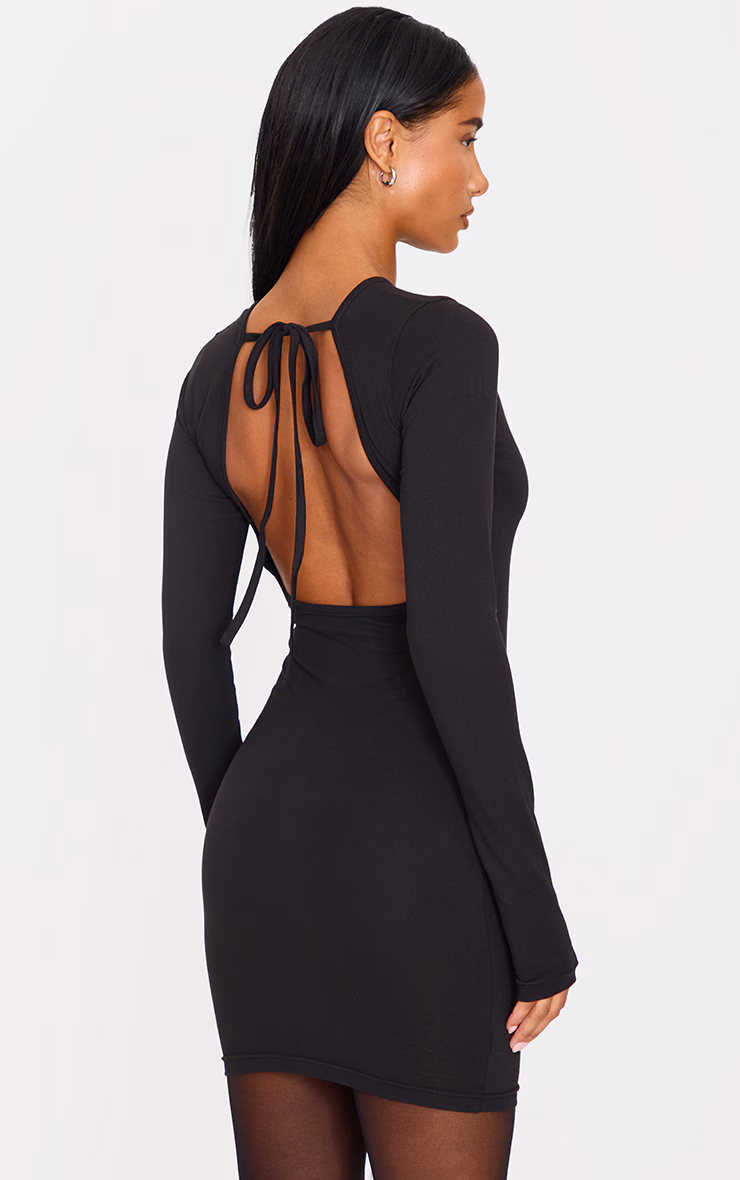 Black Cotton Tie Scoop Back Mini Dress