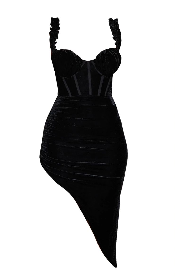 Black Velvet Ruffle Strap Corset Detail Midi Dress