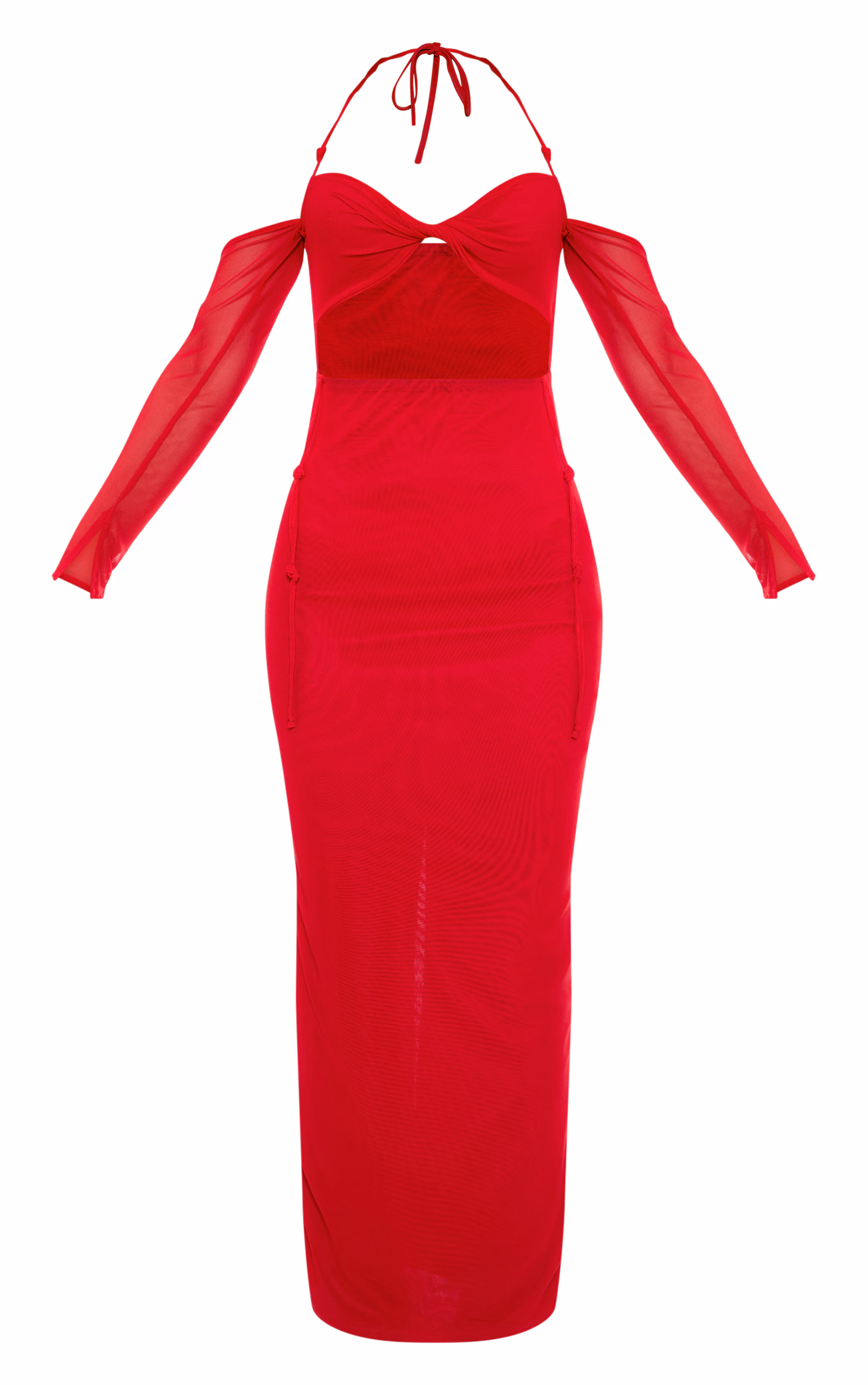 Red Mesh Cut Out Twist Detail Maxi Dress