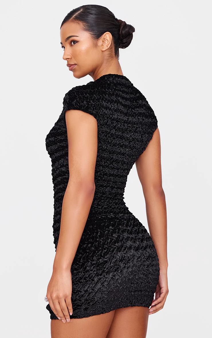 Black Textured Satin Bow Detail Mini Dress