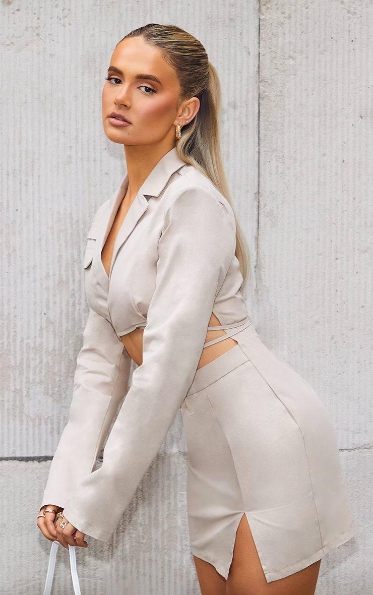 Stone Woven Cut Out Tie Waist Utility Style Blazer Bodycon Dress