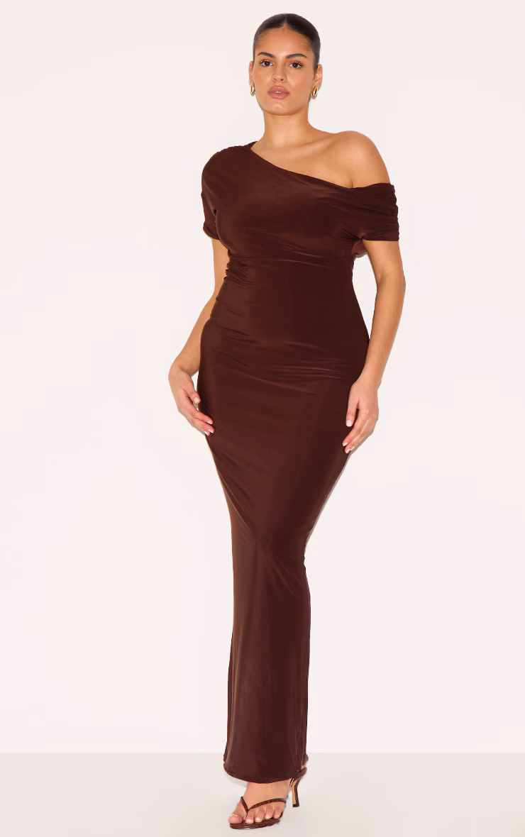 Plus Dark Chocolate Double Layer Slinky Asymmetric Ruched Sleeve Maxi Dress