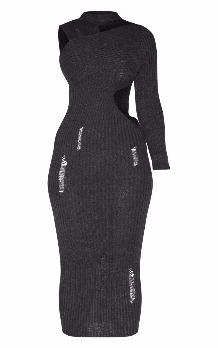Petite Black Cut-out One Sleeve Knitted Midaxi Dress